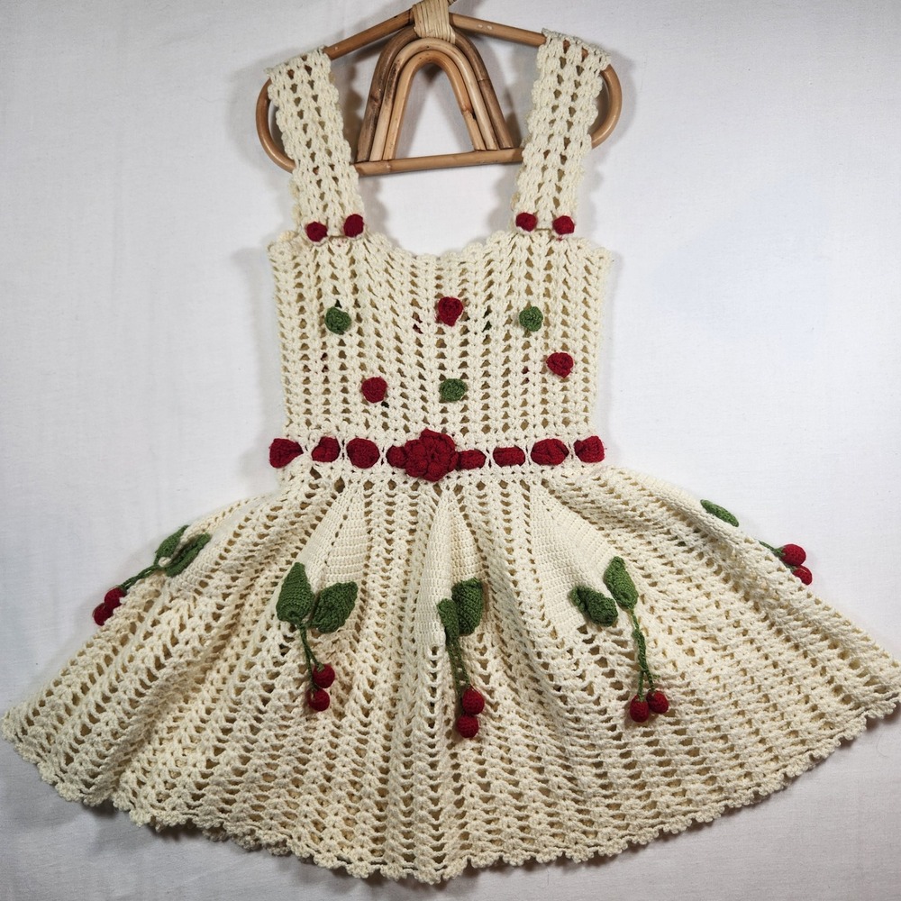 Vintage‎ Handmade Crochet Cherry Strawberry Pinafore Dress Cream Girls Small